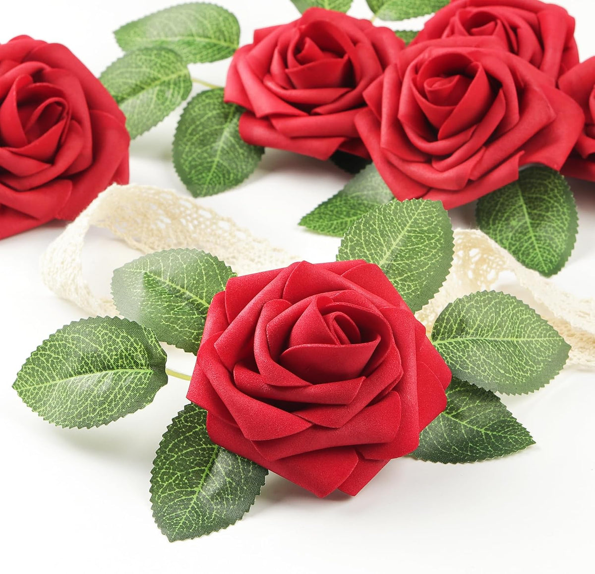 50 Pcs Artificial Flowers Red Roses Bulk, Real Looking Foam Fake Roses with Stems Bulk DIY Wedding Bouquet Floral Arrangement Bridal Shower Centerpieces Party Home Table Decorations