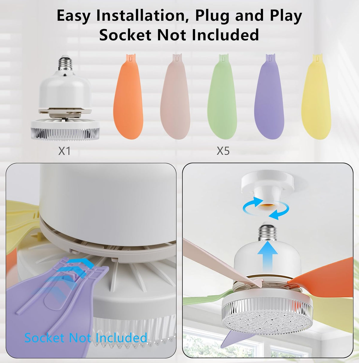 Ceiling Fan with Remote, Portable Small Ceiling Fans with Lights Dimmable for Bedroom, Kitchen, Living Room, 20.5“ Ceiling Fan with 3000K-6500K/40W, Screws into E26/E27-Colorful