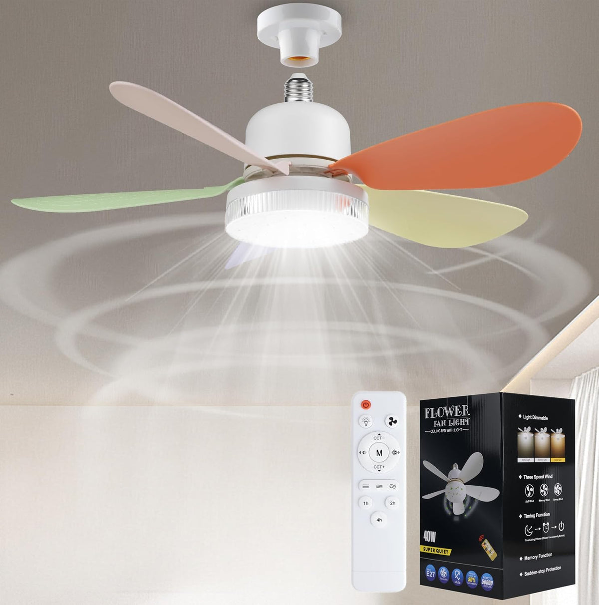 Ceiling Fan with Remote, Portable Small Ceiling Fans with Lights Dimmable for Bedroom, Kitchen, Living Room, 20.5“ Ceiling Fan with 3000K-6500K/40W, Screws into E26/E27-Colorful