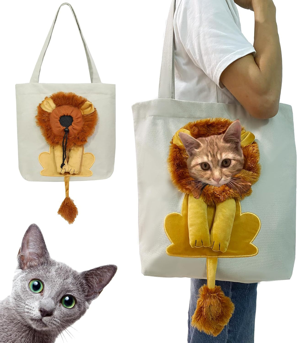 Lion-Shaped Pet Shoulder Bag for Outings, Canvas Material (Light Grey-Large)