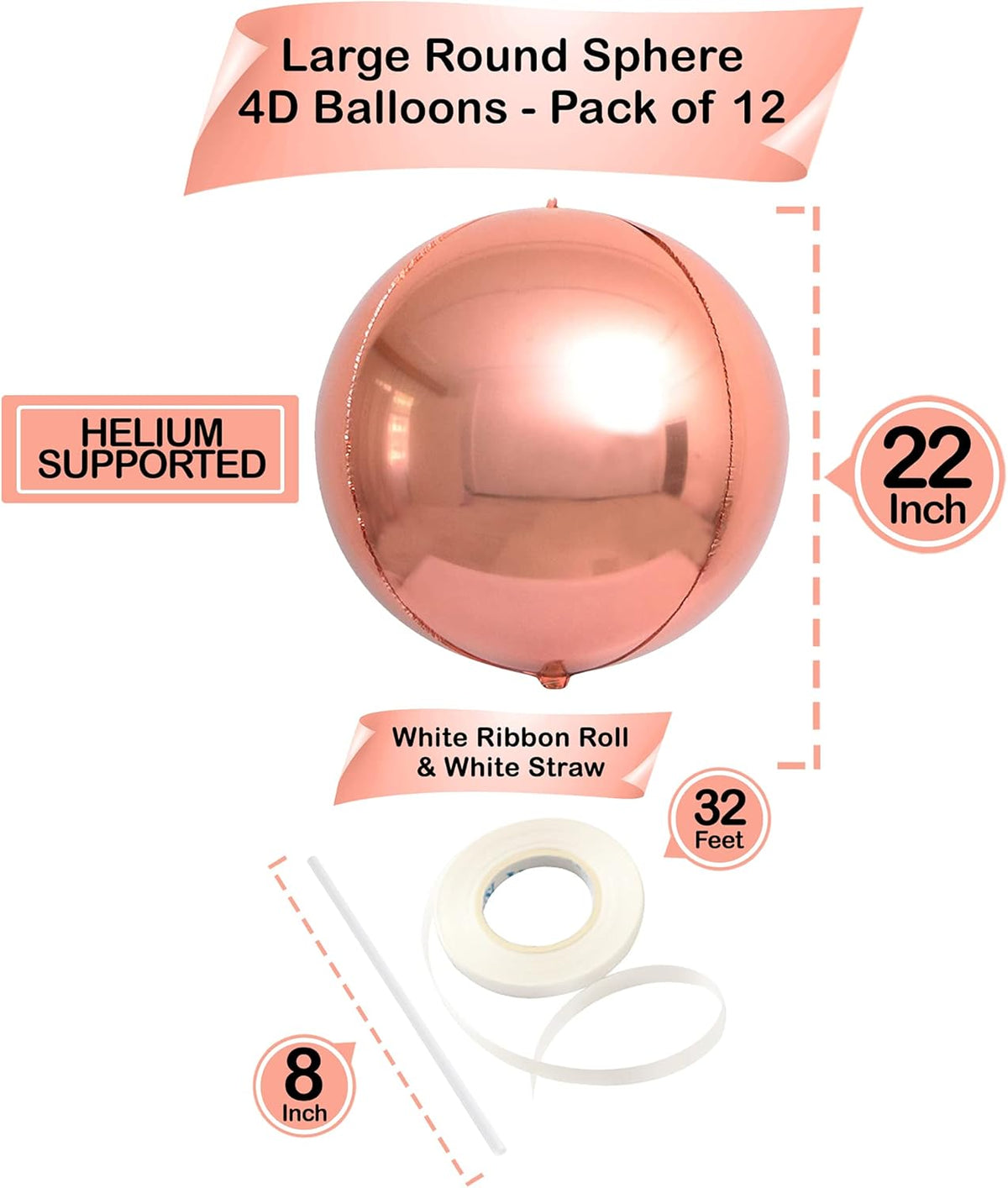 Giant Rose Gold Balloons - 22 Inch, Pack of 12, Anniversary Decor
