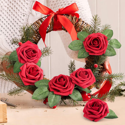 50 Pcs Artificial Flowers Red Roses Bulk, Real Looking Foam Fake Roses with Stems Bulk DIY Wedding Bouquet Floral Arrangement Bridal Shower Centerpieces Party Home Table Decorations