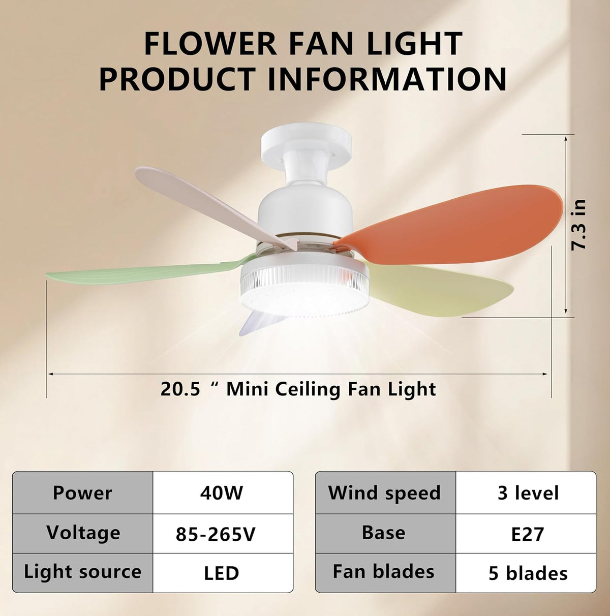 Ceiling Fan with Remote, Portable Small Ceiling Fans with Lights Dimmable for Bedroom, Kitchen, Living Room, 20.5“ Ceiling Fan with 3000K-6500K/40W, Screws into E26/E27-Colorful