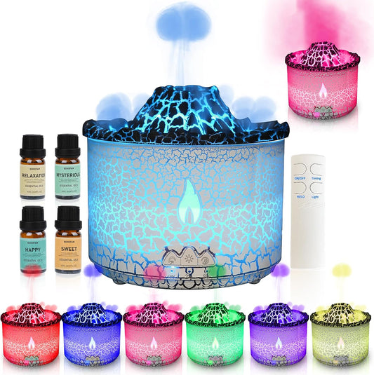 Essential Oil Diffuser 360Ml,Volcano and Flame Diffuser/Humidifier 2 Mode,Diffusers for Home with 7 Colorful Light,Included 4 Hotel Collection Diffuser Oil for Bedroom(White Translucent)