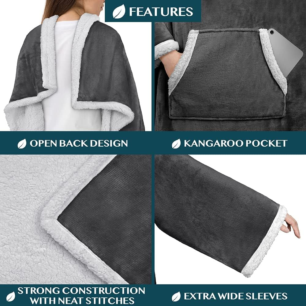 Sherpa Wearable Blanket with Sleeves and Pocket, Plush Thick Cozy Body Blanket Wrap for Adult Women Men, Christmas Gift for Wife Mom, Dark Grey