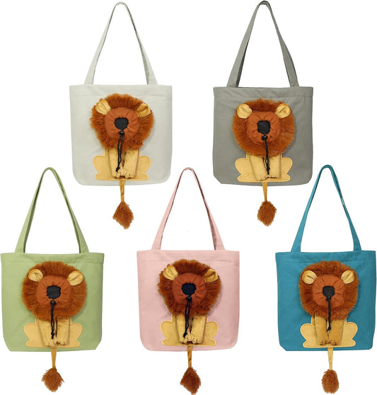 Lion-Shaped Pet Shoulder Bag for Outings, Canvas Material (Light Grey-Large)