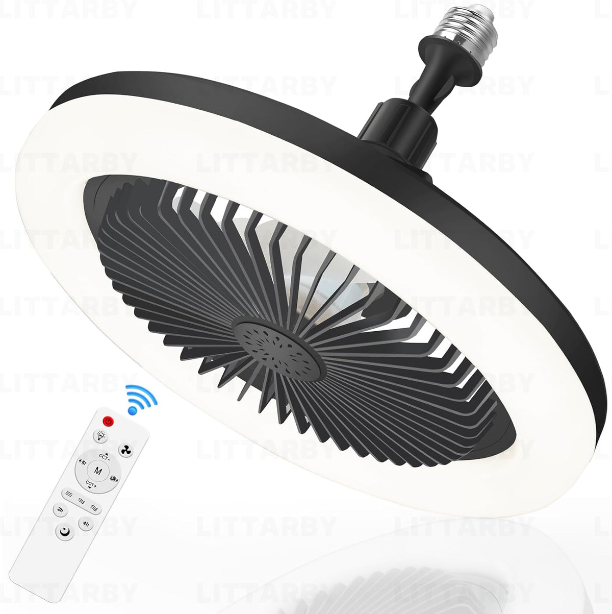 Socket Fan Light with Remote Control, 3 Colors 3000K-6500K Dimmable LED Light Bulb Fan Screw in Ceiling Fan for Bedroom, Kitchen, Storage Room, Closet, Wireless Small Ceiling Fans with Lights - Black