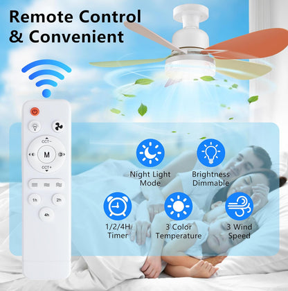 Ceiling Fan with Remote, Portable Small Ceiling Fans with Lights Dimmable for Bedroom, Kitchen, Living Room, 20.5“ Ceiling Fan with 3000K-6500K/40W, Screws into E26/E27-Colorful