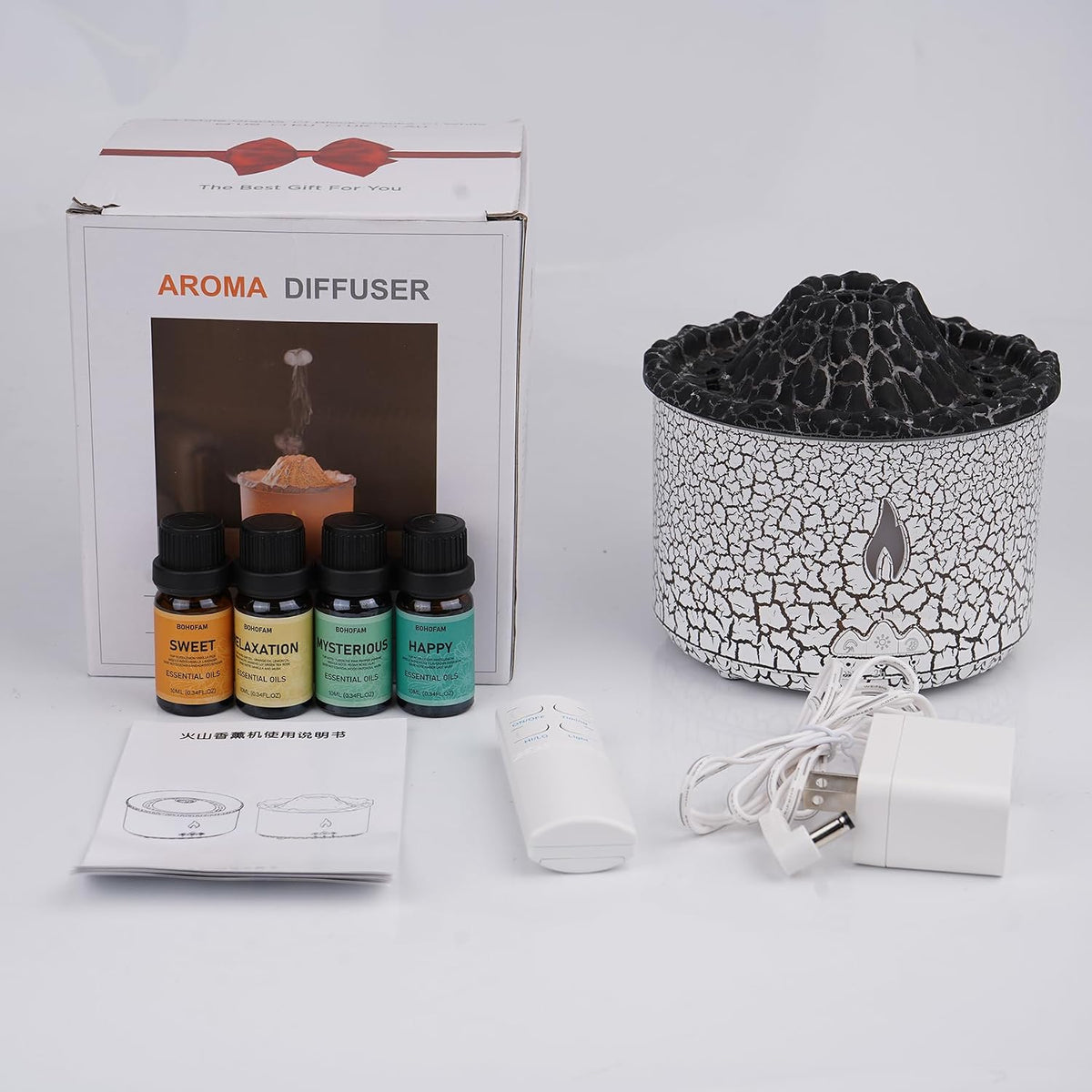 Essential Oil Diffuser 360Ml,Volcano and Flame Diffuser/Humidifier 2 Mode,Diffusers for Home with 7 Colorful Light,Included 4 Hotel Collection Diffuser Oil for Bedroom(White Translucent)