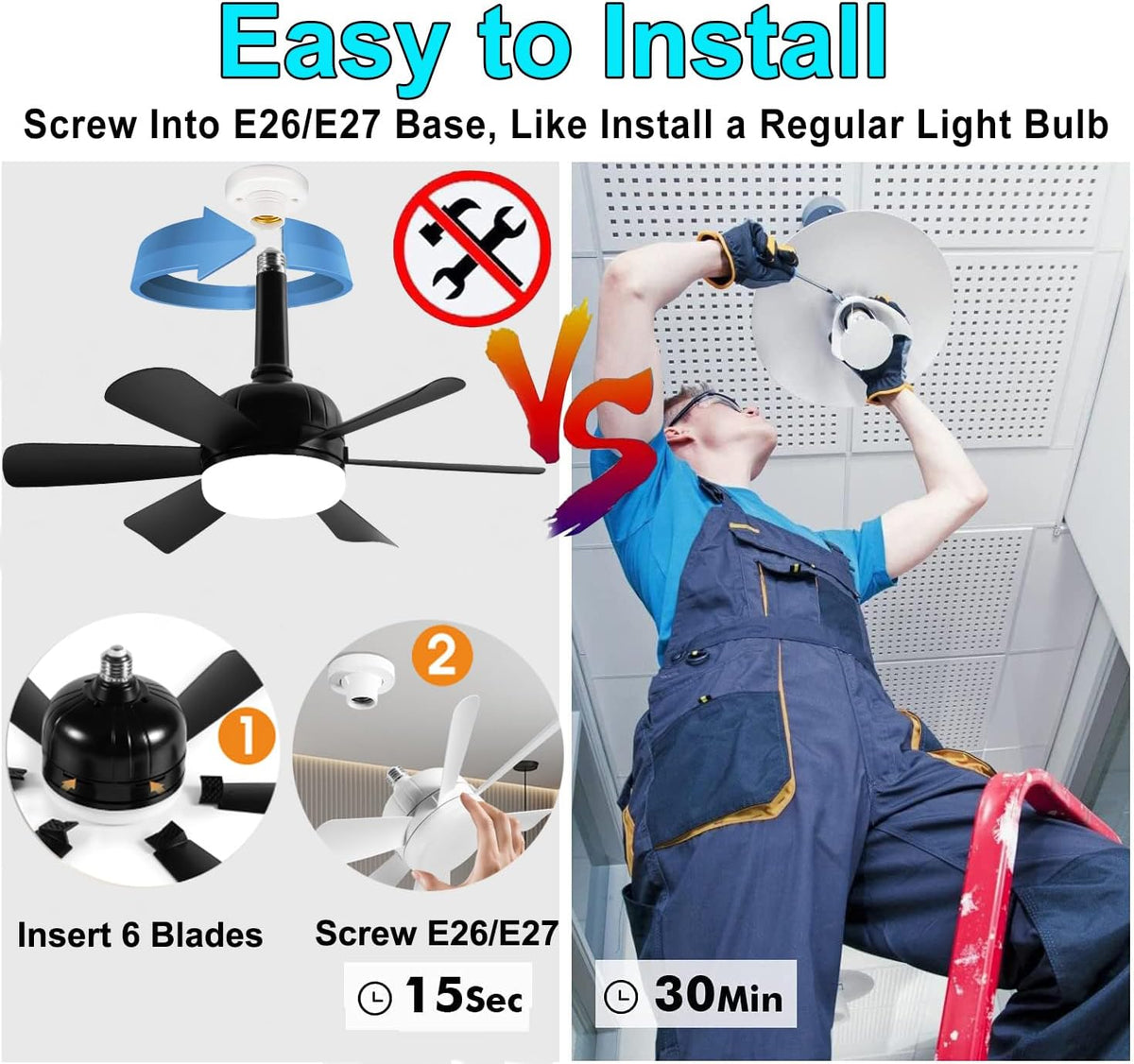 2Pack Socket Fan Light, LED Socket Ceiling Fans with Lights and Remote, 18 Inch Low Profile Screw in Ceiling Fan Light, Dimmable 3000-6500K Fan Light Bulb for Bedroom, Kitchen, Laundry Room, Garage