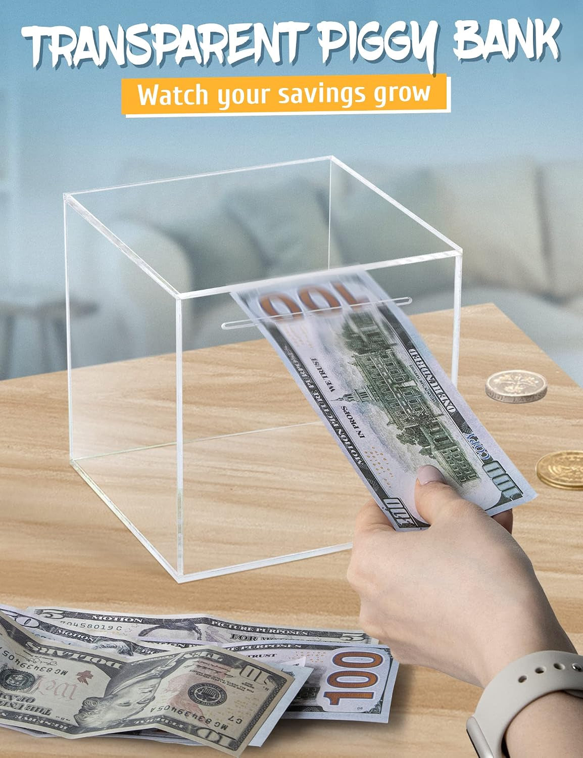 Clear Acrylic Piggy Bank, Unopenable Money Box for Coins - 4.72"