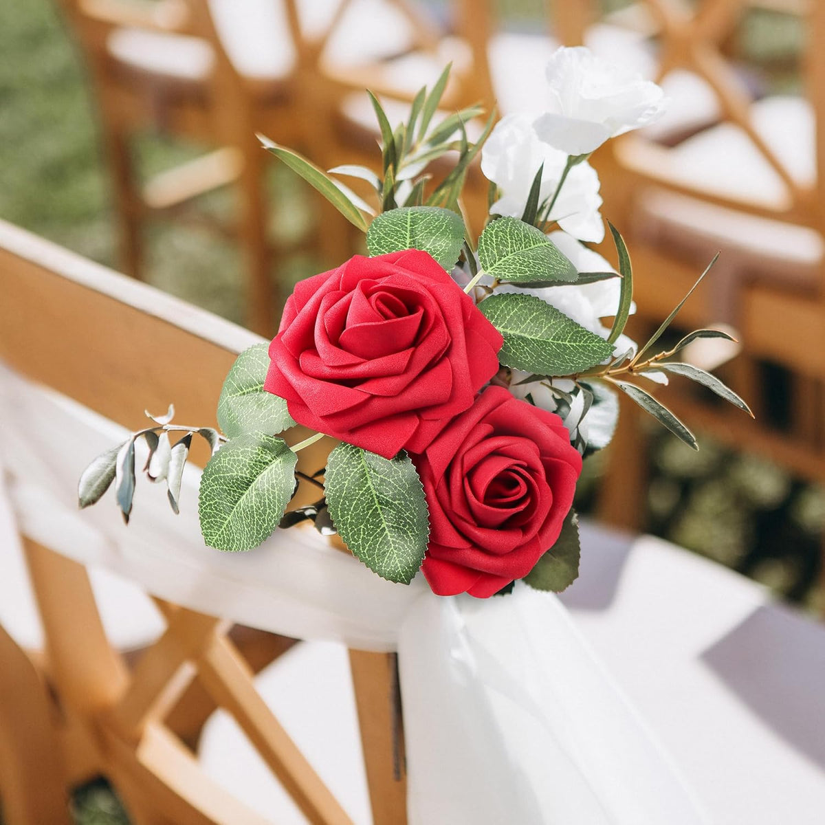 50 Pcs Artificial Flowers Red Roses Bulk, Real Looking Foam Fake Roses with Stems Bulk DIY Wedding Bouquet Floral Arrangement Bridal Shower Centerpieces Party Home Table Decorations