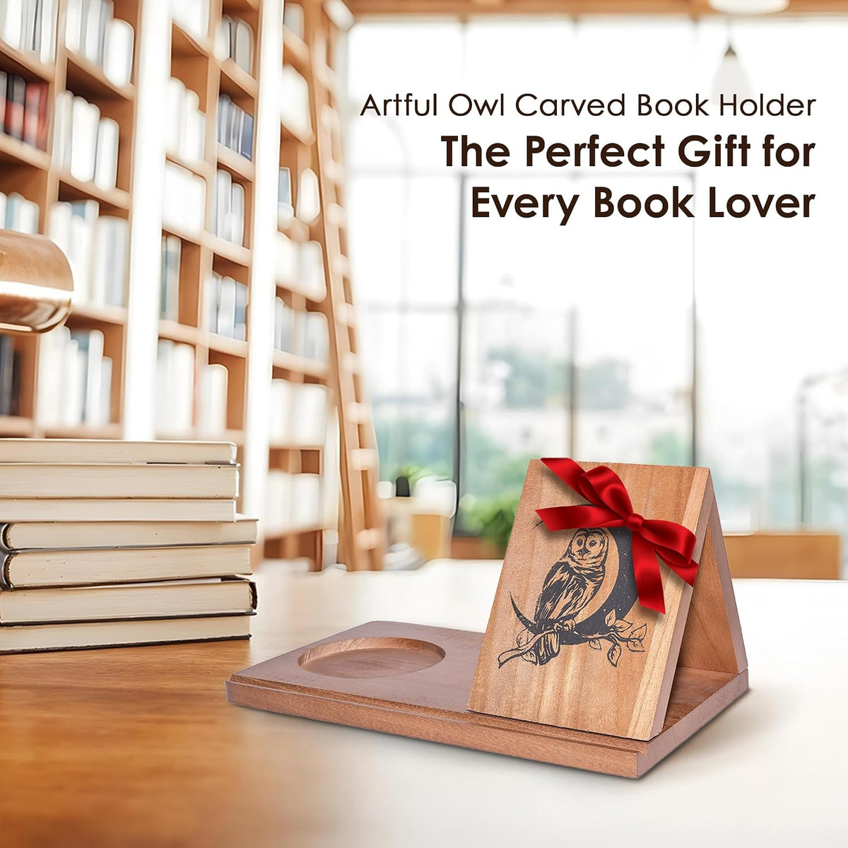 Wooden Triangle Book Stand with Thumb Page Holder – Reading Valet & Book Rest with Cup, Phone, Glasses & Pen Holder – Nightstand Book Holder & Gift for Book Lovers, Readers & Bibliophiles