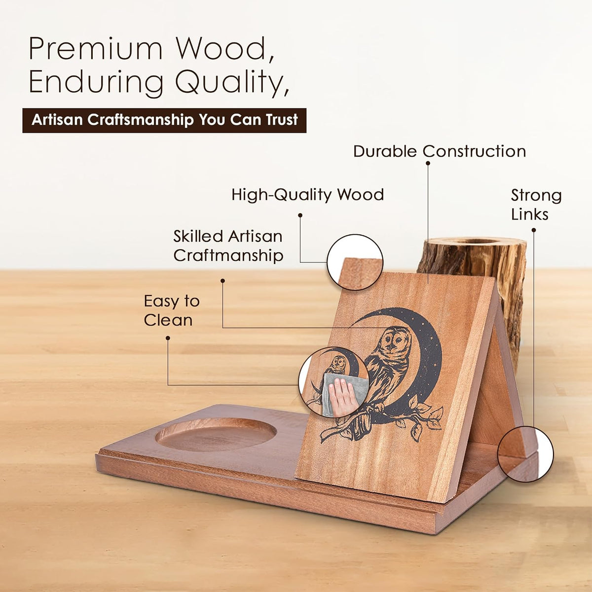 Wooden Triangle Book Stand with Thumb Page Holder – Reading Valet & Book Rest with Cup, Phone, Glasses & Pen Holder – Nightstand Book Holder & Gift for Book Lovers, Readers & Bibliophiles