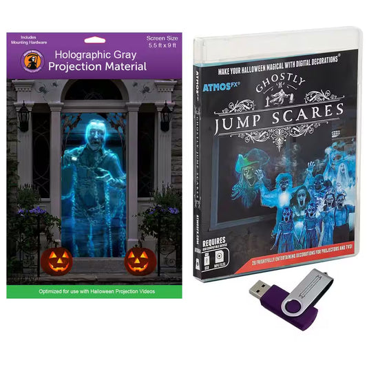 Atmosfx Halloween Digital Decoration USB- -Ghostly Jump Scares + 5.5 Ft. X 9 Ft. Projection Screen - Halloween Light