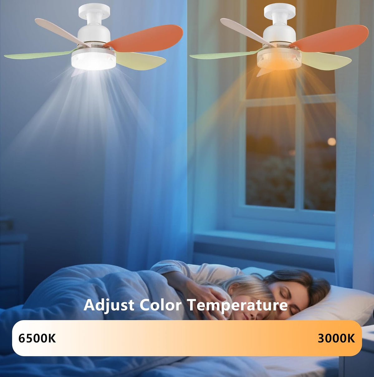 Ceiling Fan with Remote, Portable Small Ceiling Fans with Lights Dimmable for Bedroom, Kitchen, Living Room, 20.5“ Ceiling Fan with 3000K-6500K/40W, Screws into E26/E27-Colorful