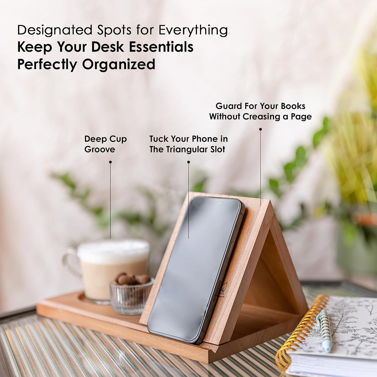 Wooden Triangle Book Stand with Thumb Page Holder – Reading Valet & Book Rest with Cup, Phone, Glasses & Pen Holder – Nightstand Book Holder & Gift for Book Lovers, Readers & Bibliophiles