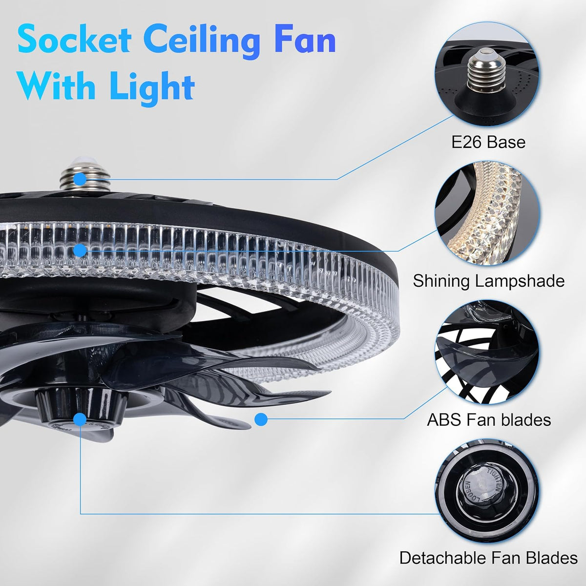 Socket Ceiling Fan Light,Bulb Socket Fan with Remote,Dimmable E26 Base Ceiling Fans with Lights for Bedroom,Screw in Fan and Light Combo,Mini Small Ceiling Fan with Light,Recessed Light Fan Lamp