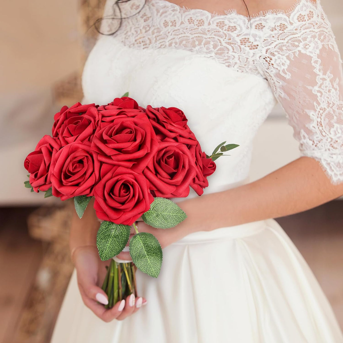 50 Pcs Artificial Flowers Red Roses Bulk, Real Looking Foam Fake Roses with Stems Bulk DIY Wedding Bouquet Floral Arrangement Bridal Shower Centerpieces Party Home Table Decorations