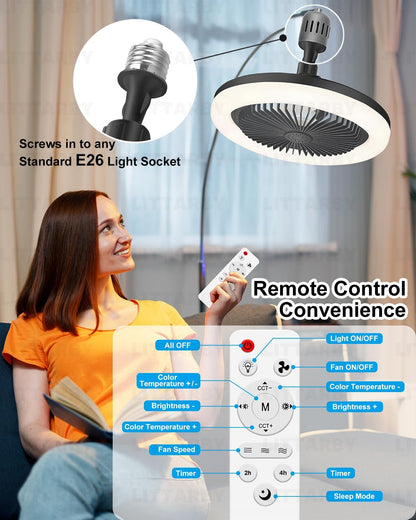 Socket Fan Light with Remote Control, 3 Colors 3000K-6500K Dimmable LED Light Bulb Fan Screw in Ceiling Fan for Bedroom, Kitchen, Storage Room, Closet, Wireless Small Ceiling Fans with Lights - Black