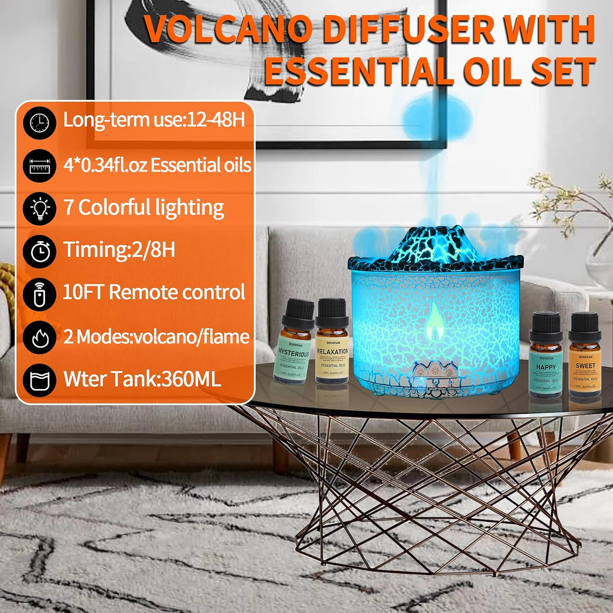 Essential Oil Diffuser 360Ml,Volcano and Flame Diffuser/Humidifier 2 Mode,Diffusers for Home with 7 Colorful Light,Included 4 Hotel Collection Diffuser Oil for Bedroom(White Translucent)