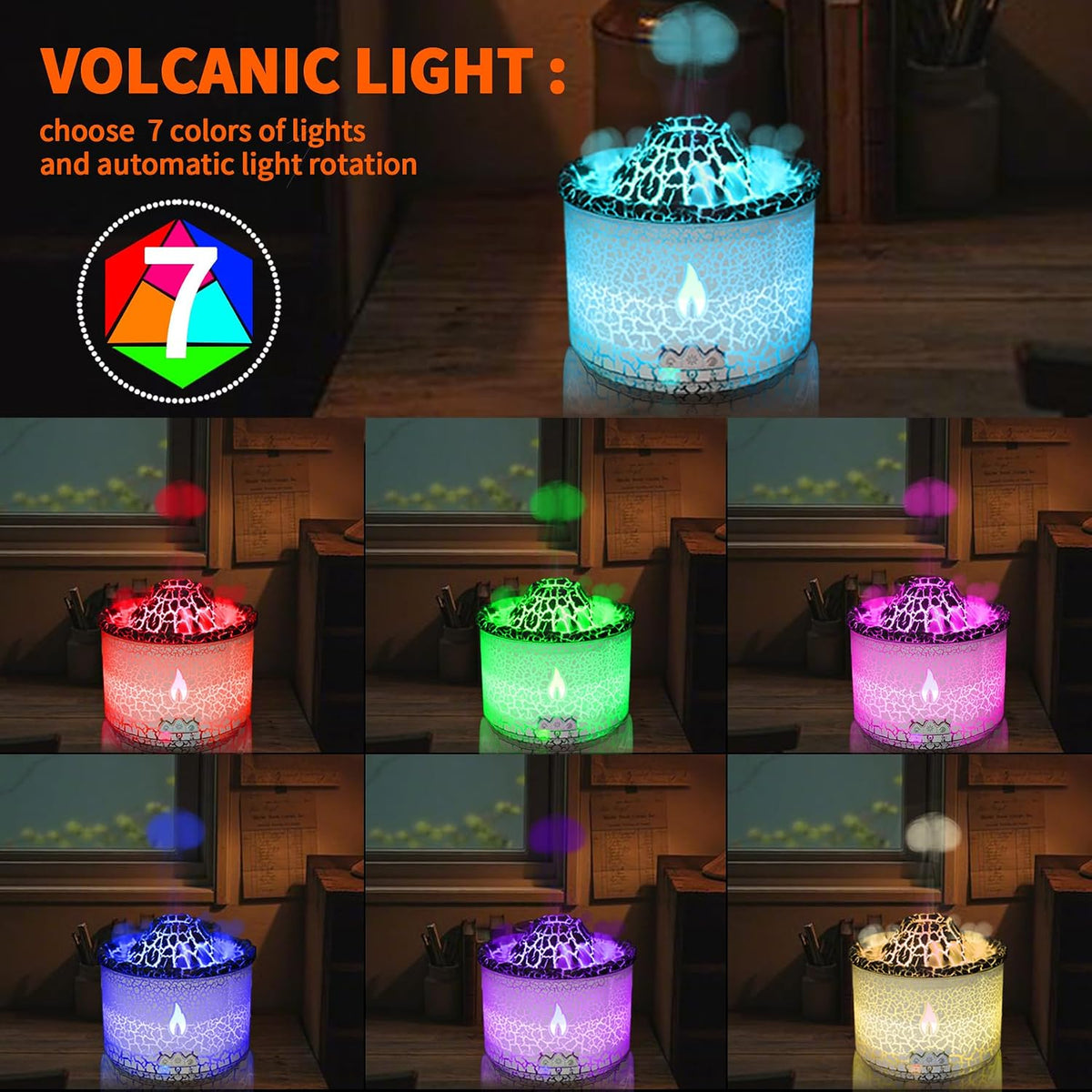 Essential Oil Diffuser 360Ml,Volcano and Flame Diffuser/Humidifier 2 Mode,Diffusers for Home with 7 Colorful Light,Included 4 Hotel Collection Diffuser Oil for Bedroom(White Translucent)