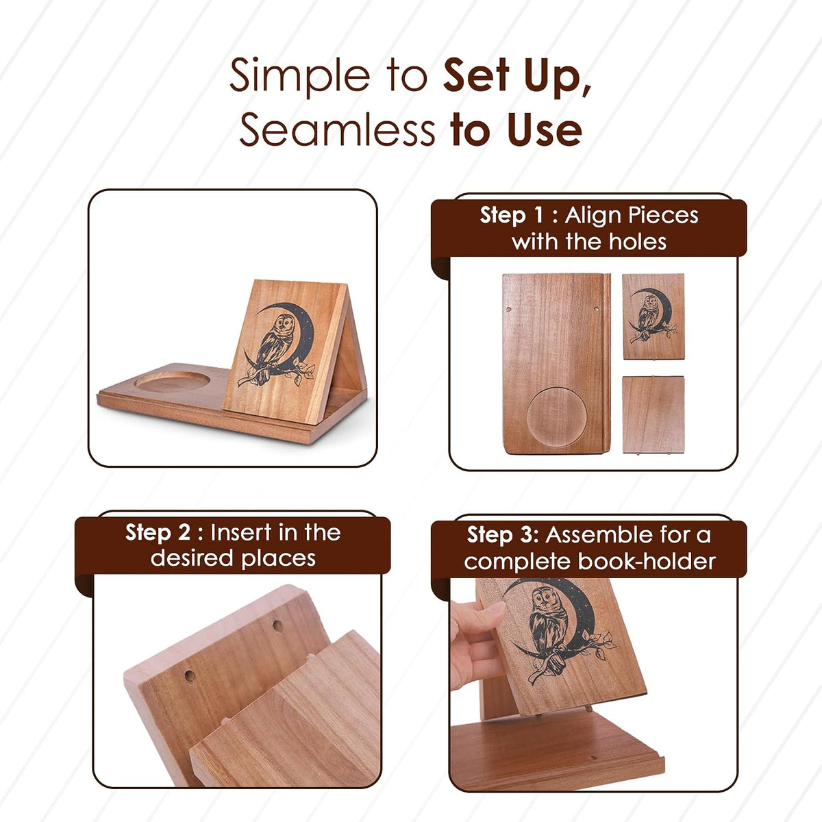 Wooden Triangle Book Stand with Thumb Page Holder – Reading Valet & Book Rest with Cup, Phone, Glasses & Pen Holder – Nightstand Book Holder & Gift for Book Lovers, Readers & Bibliophiles