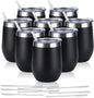 8 Pack 12Oz Stainless Steel Wine Tumblers, Insulated Wine Tumbler, Double Wall Insulated Wine Glass, Stainless Steel Stemless Wine Cups with Lids for Coffee, Wine, Cocktails, Champaign, Black