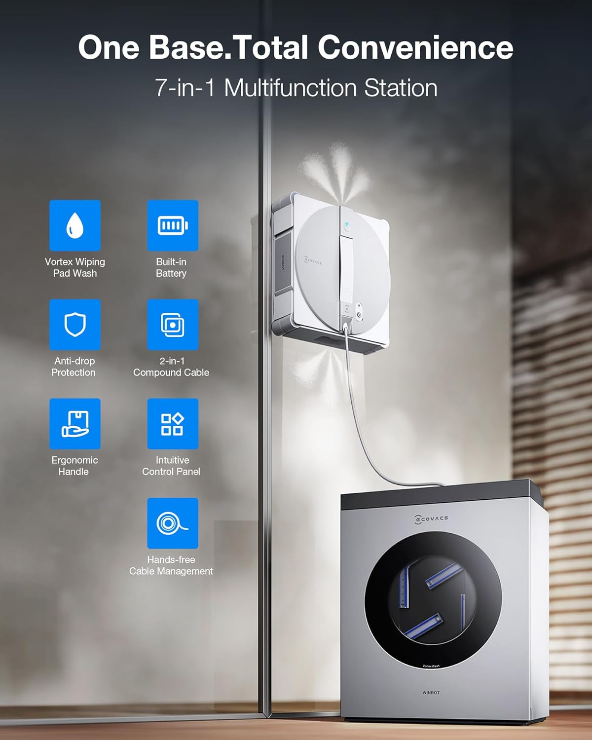 ECOVACS WINBOT W3 Omni Robot Window Cleaner with Auto-Clean & Multi-Functional Station, Win-Slam 5.0 Smart Navigation, Intelligent Cleaning with Triple Spray System, 12-Level Protection