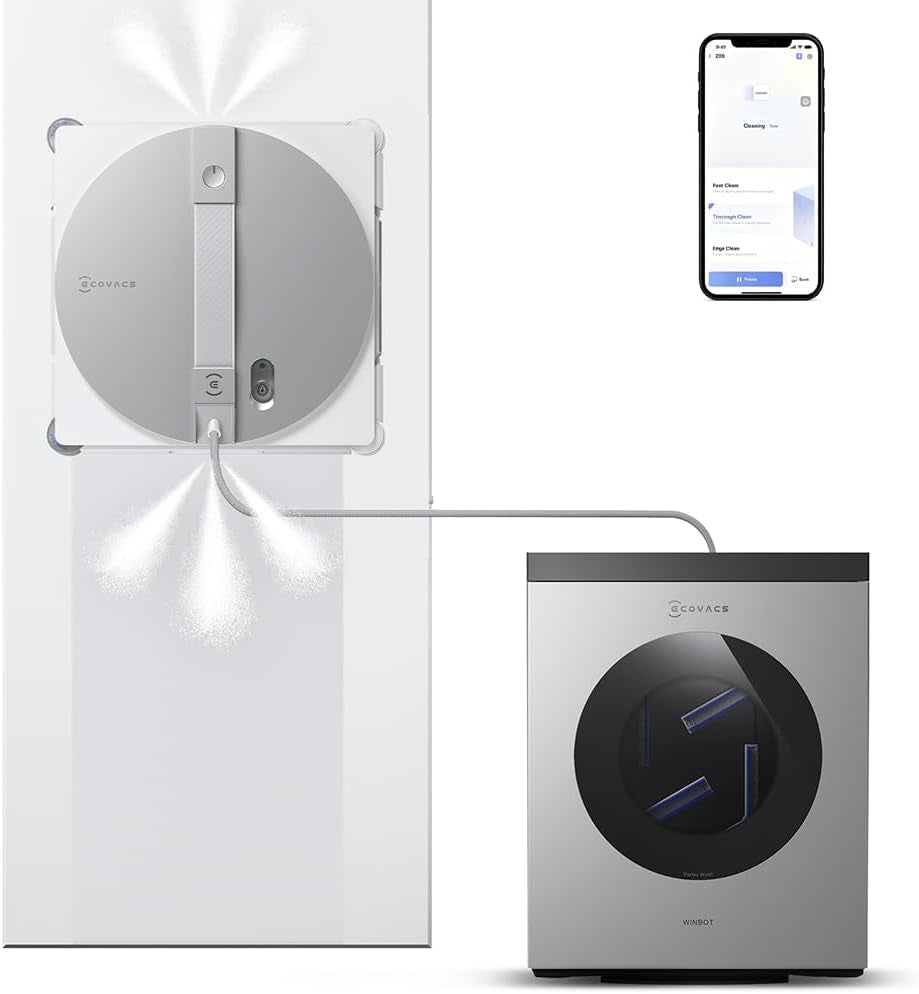 ECOVACS WINBOT W3 Omni Robot Window Cleaner with Auto-Clean & Multi-Functional Station, Win-Slam 5.0 Smart Navigation, Intelligent Cleaning with Triple Spray System, 12-Level Protection