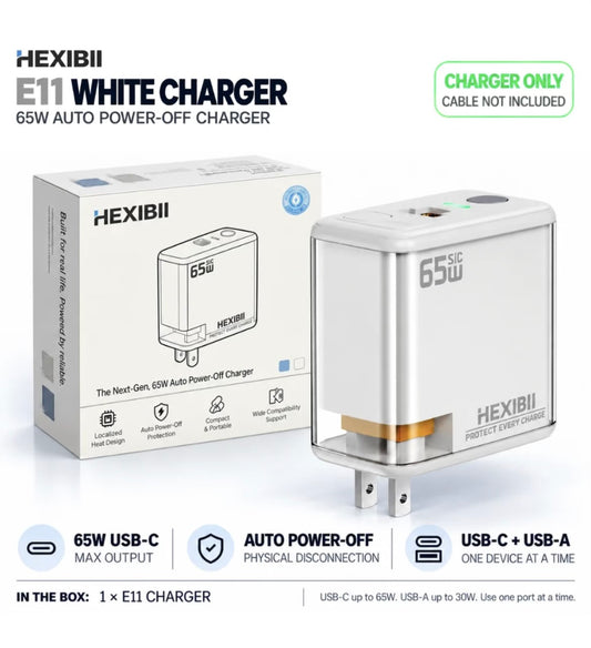 HEXIBII E11 65W SiC Fast Charger, Wall Charger with Auto Power-Off Safety, Dual Port USB-C & USB-A Power Adapter for iPhone 15/16/17/18 Pro Plus Pro Max, MacBook Pro, Galaxy, Pixel, iPad,and more