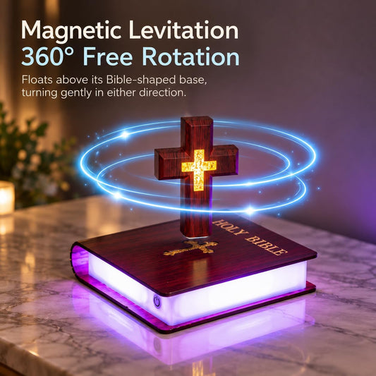 Levitating Cross Lamp, Floating Cross Night Light with Jesus & Bible Design, Magnetic Levitation Cross Lamp, Christian Home Decor, Religious Gift, Glowing Cross Ornament