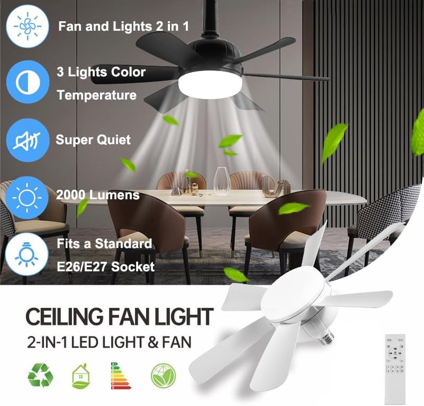 2Pack Socket Fan Light, LED Socket Ceiling Fans with Lights and Remote, 18 Inch Low Profile Screw in Ceiling Fan Light, Dimmable 3000-6500K Fan Light Bulb for Bedroom, Kitchen, Laundry Room, Garage