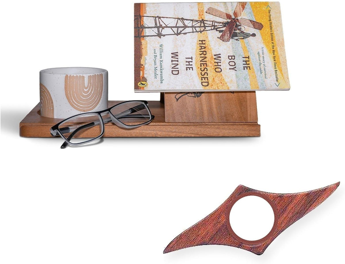 Wooden Triangle Book Stand with Thumb Page Holder – Reading Valet & Book Rest with Cup, Phone, Glasses & Pen Holder – Nightstand Book Holder & Gift for Book Lovers, Readers & Bibliophiles