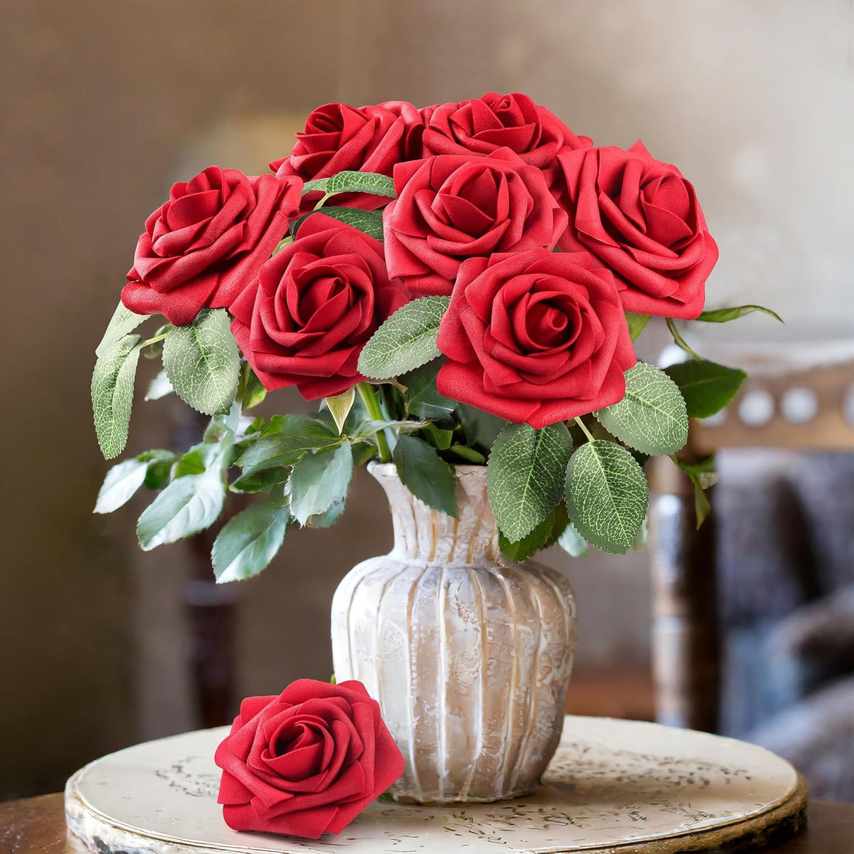 50 Pcs Artificial Flowers Red Roses Bulk, Real Looking Foam Fake Roses with Stems Bulk DIY Wedding Bouquet Floral Arrangement Bridal Shower Centerpieces Party Home Table Decorations