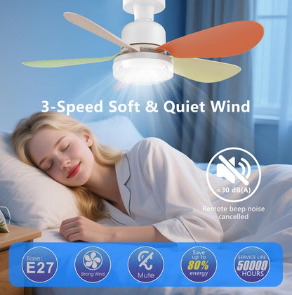 Ceiling Fan with Remote, Portable Small Ceiling Fans with Lights Dimmable for Bedroom, Kitchen, Living Room, 20.5“ Ceiling Fan with 3000K-6500K/40W, Screws into E26/E27-Colorful