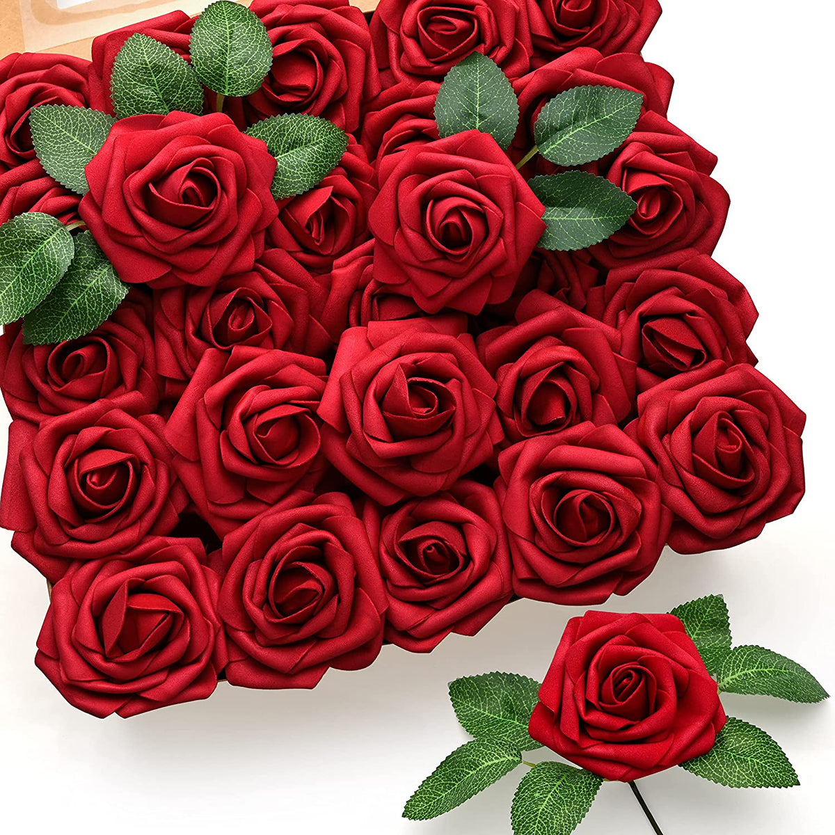 50 Pcs Artificial Flowers Red Roses Bulk, Real Looking Foam Fake Roses with Stems Bulk DIY Wedding Bouquet Floral Arrangement Bridal Shower Centerpieces Party Home Table Decorations