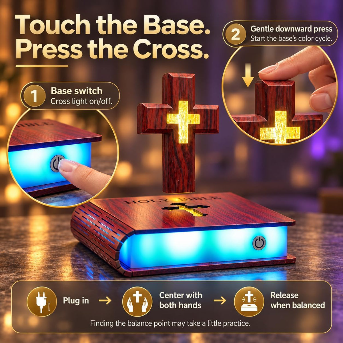 Levitating Cross Lamp, Floating Cross Night Light with Jesus & Bible Design, Magnetic Levitation Cross Lamp, Christian Home Decor, Religious Gift, Glowing Cross Ornament