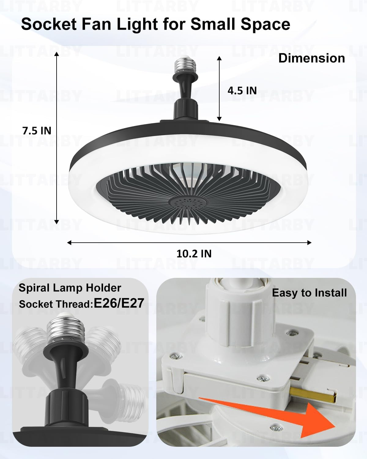 Socket Fan Light with Remote Control, 3 Colors 3000K-6500K Dimmable LED Light Bulb Fan Screw in Ceiling Fan for Bedroom, Kitchen, Storage Room, Closet, Wireless Small Ceiling Fans with Lights - Black