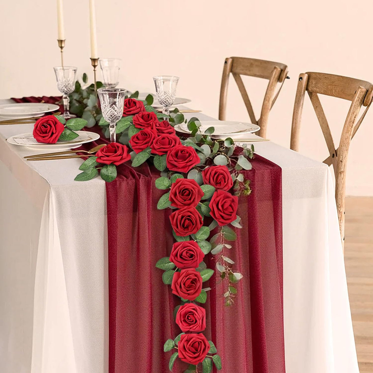 50 Pcs Artificial Flowers Red Roses Bulk, Real Looking Foam Fake Roses with Stems Bulk DIY Wedding Bouquet Floral Arrangement Bridal Shower Centerpieces Party Home Table Decorations