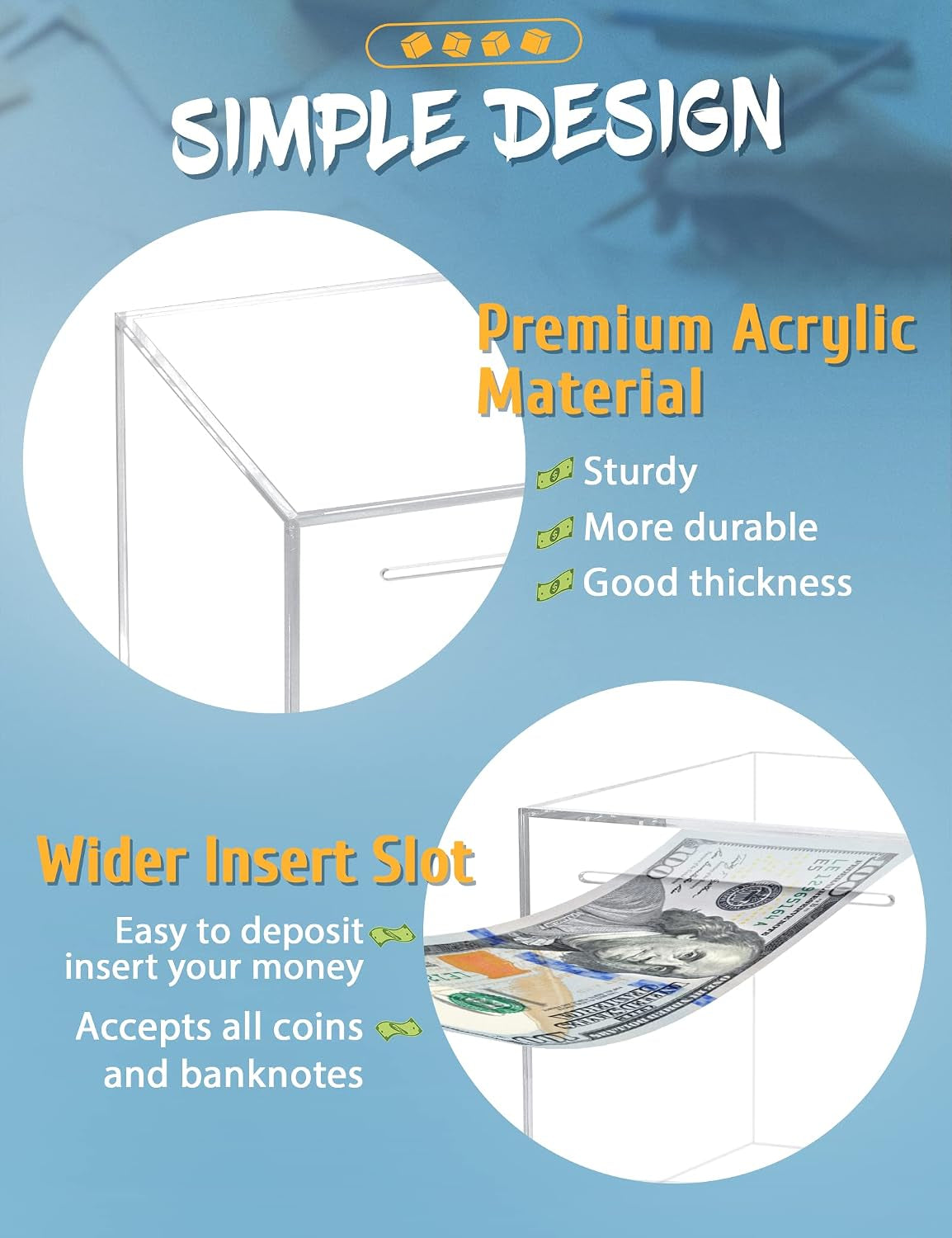Clear Acrylic Piggy Bank, Unopenable Money Box for Coins - 4.72"